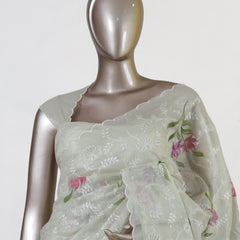 Ivory Tissue Kota Pink Floral Embroidered Onam Saree