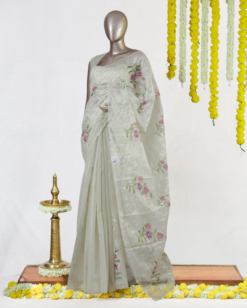 Ivory Tissue Kota Pink Floral Embroidered Onam Saree