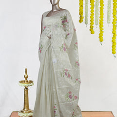 Ivory Tissue Kota Pink Floral Embroidered Onam Saree