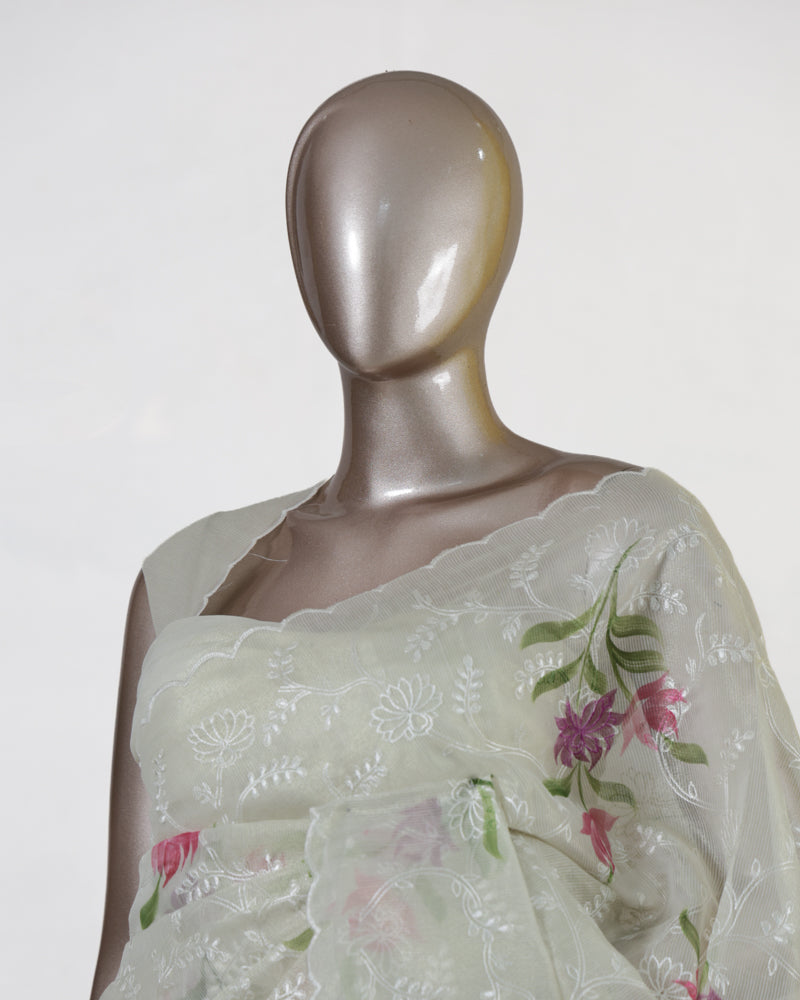 Ivory Tissue Kota Pink Floral Embroidered Onam Saree