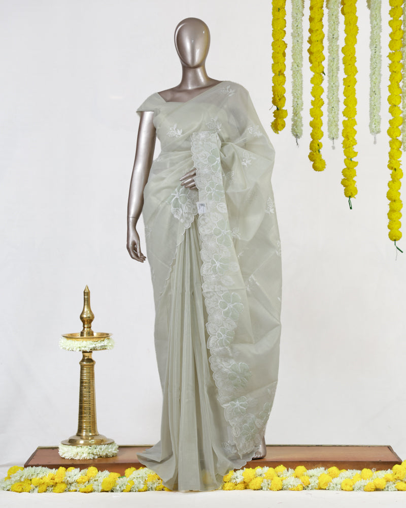 Ivory Tissue Kota Floral Embroidered Onam Saree