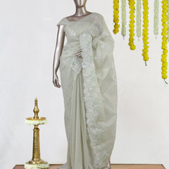 Ivory Tissue Kota Floral Embroidered Onam Saree