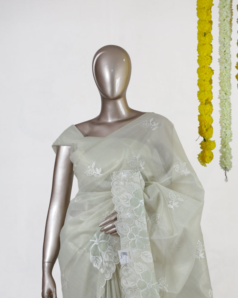 Ivory Tissue Kota Floral Embroidered Onam Saree