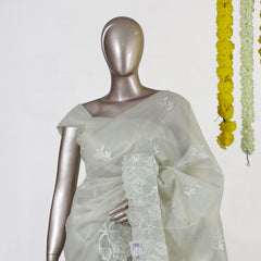Ivory Tissue Kota Floral Embroidered Onam Saree