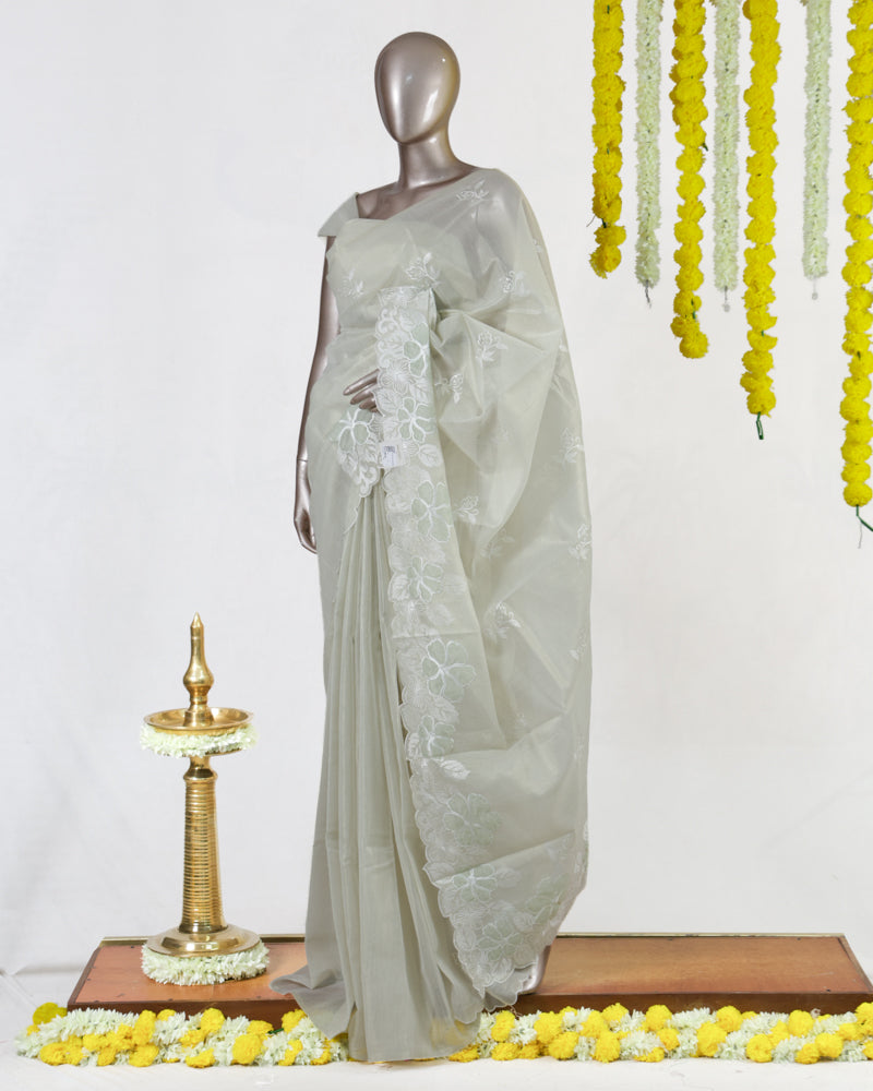 Ivory Tissue Kota Floral Embroidered Onam Saree