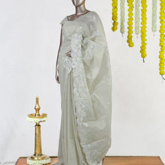 Ivory Tissue Kota Floral Embroidered Onam Saree