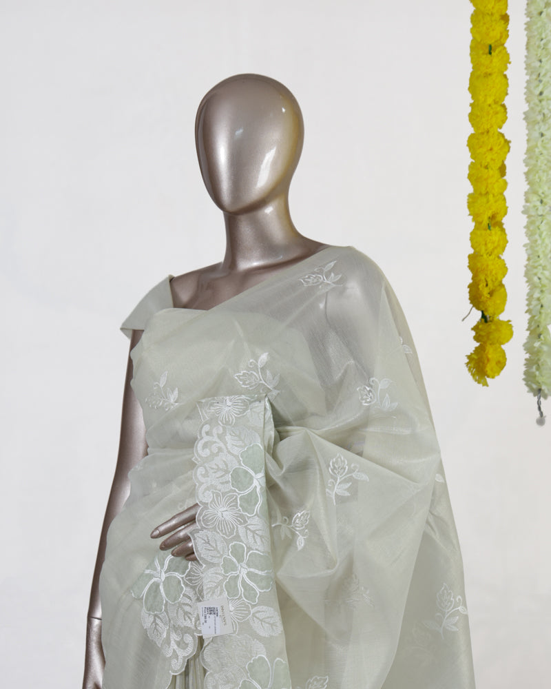 Ivory Tissue Kota Floral Embroidered Onam Saree