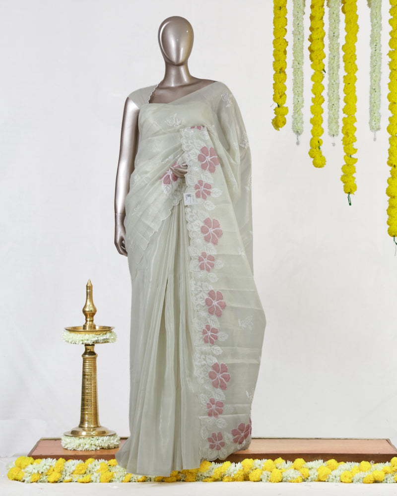 Ivory Tissue Kota Pink Floral Embroidered Onam Saree