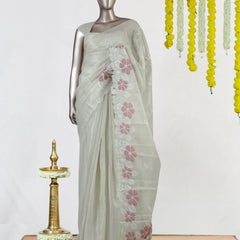 Ivory Tissue Kota Pink Floral Embroidered Onam Saree