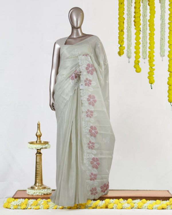 Ivory Tissue Kota Pink Floral Embroidered Onam Saree