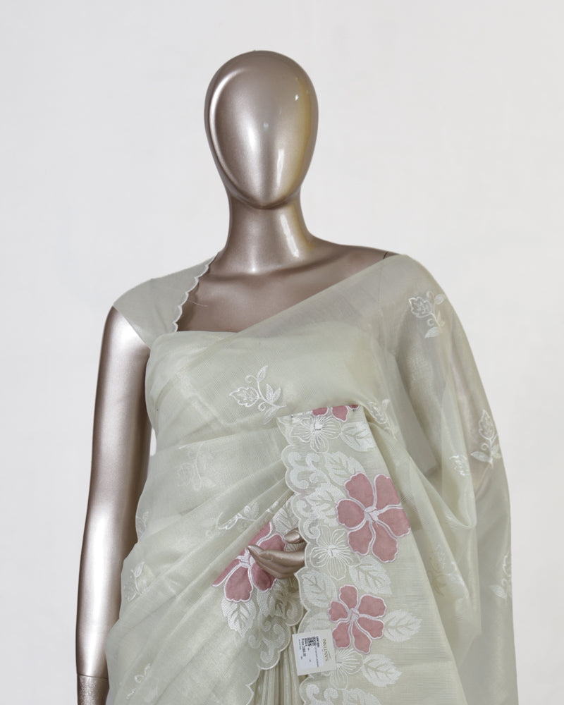 Ivory Tissue Kota Pink Floral Embroidered Onam Saree