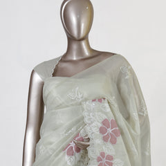 Ivory Tissue Kota Pink Floral Embroidered Onam Saree