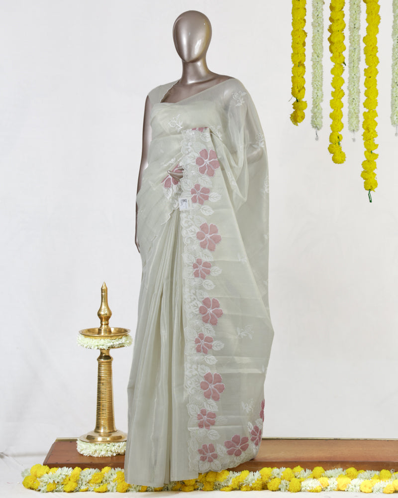 Ivory Tissue Kota Pink Floral Embroidered Onam Saree