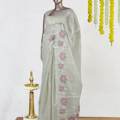 Ivory Tissue Kota Pink Floral Embroidered Onam Saree