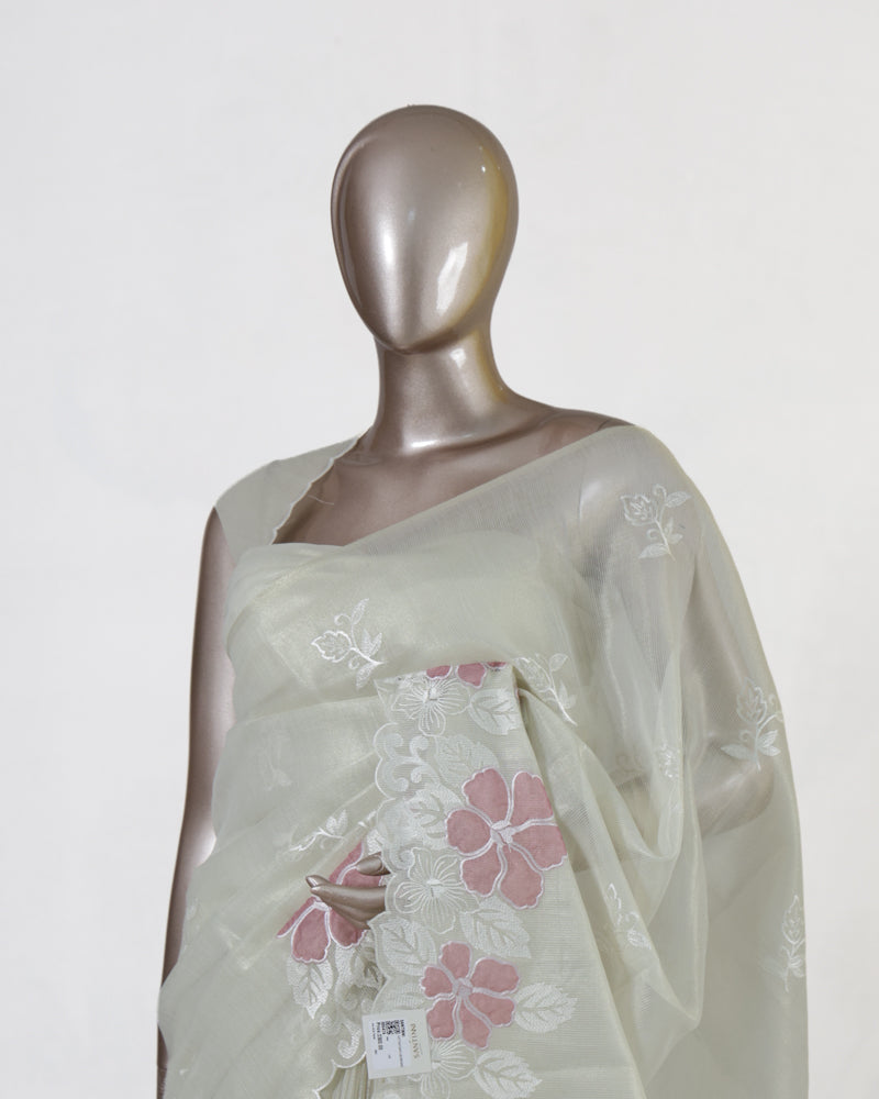 Ivory Tissue Kota Pink Floral Embroidered Onam Saree
