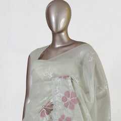 Ivory Tissue Kota Pink Floral Embroidered Onam Saree
