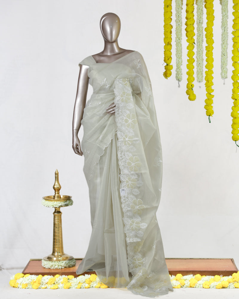 Ivory Tissue Kota Floral Embroidered Onam Saree