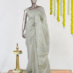 Ivory Tissue Kota Floral Embroidered Onam Saree