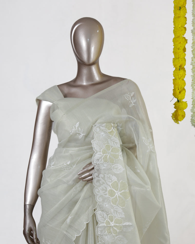 Ivory Tissue Kota Floral Embroidered Onam Saree