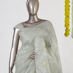 Ivory Tissue Kota Floral Embroidered Onam Saree