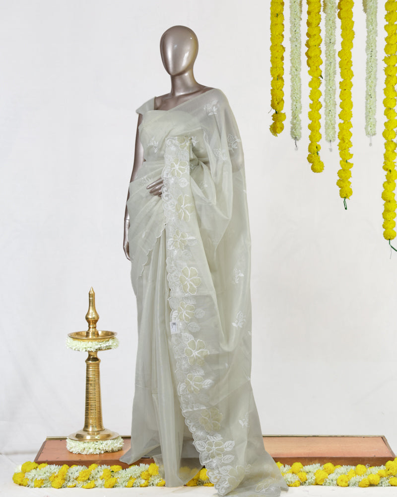 Ivory Tissue Kota Floral Embroidered Onam Saree