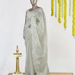 Ivory Tissue Kota Floral Embroidered Onam Saree