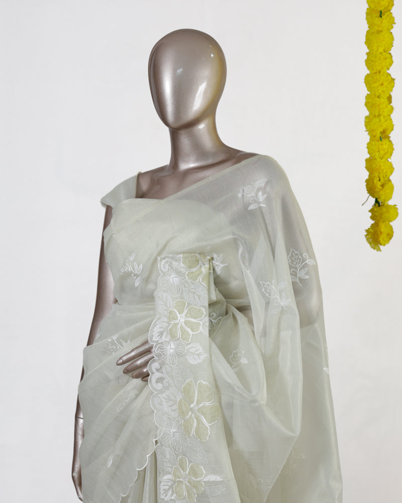 Ivory Tissue Kota Floral Embroidered Onam Saree