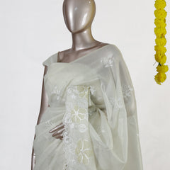 Ivory Tissue Kota Floral Embroidered Onam Saree