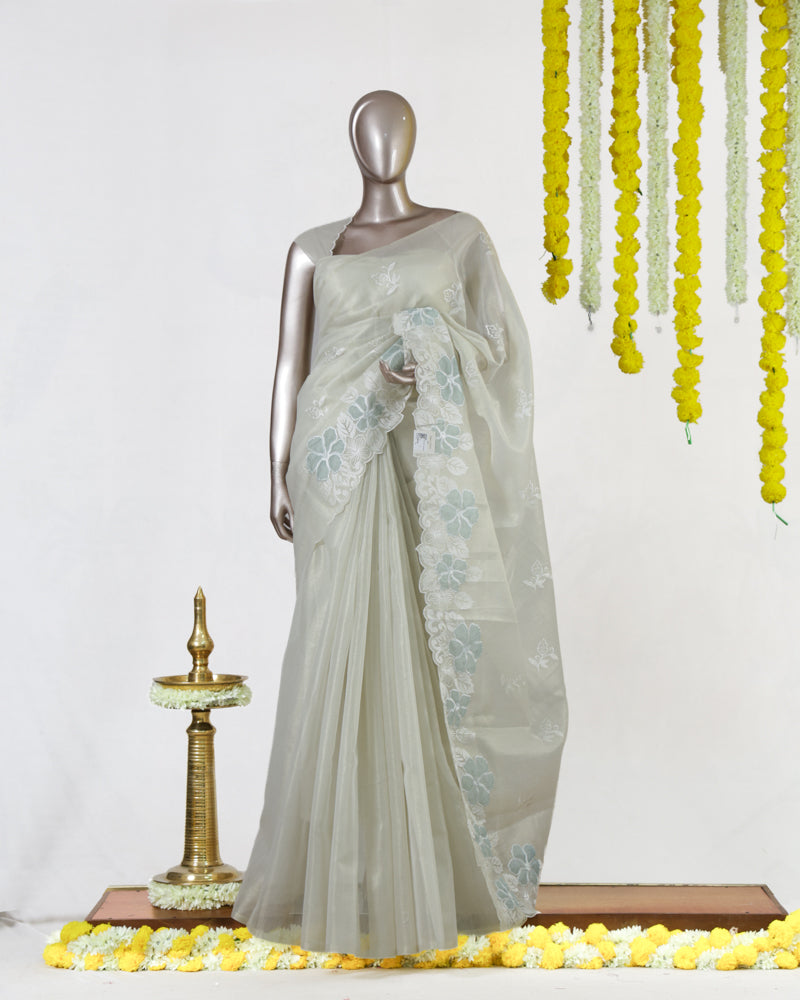 Ivory Pearl Blossom Embroidered Kota Tissue Onam Saree