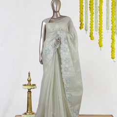 Ivory Pearl Blossom Embroidered Kota Tissue Onam Saree