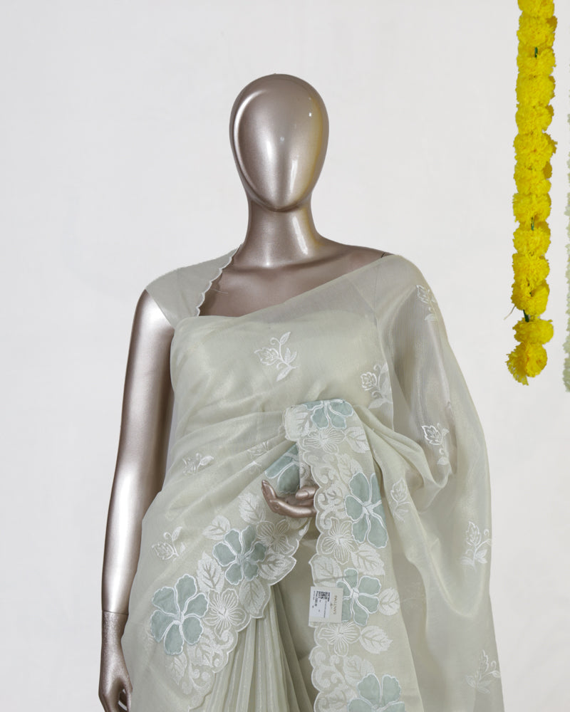 Ivory Pearl Blossom Embroidered Kota Tissue Onam Saree