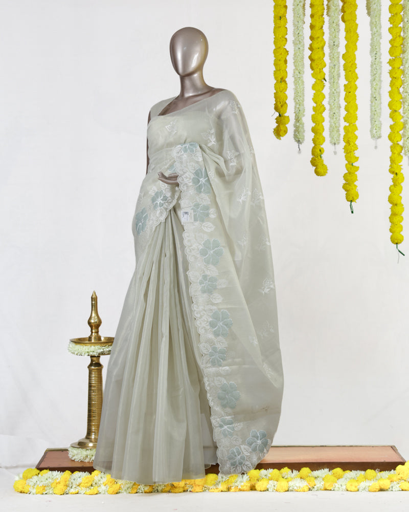 Ivory Pearl Blossom Embroidered Kota Tissue Onam Saree