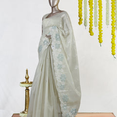 Ivory Pearl Blossom Embroidered Kota Tissue Onam Saree