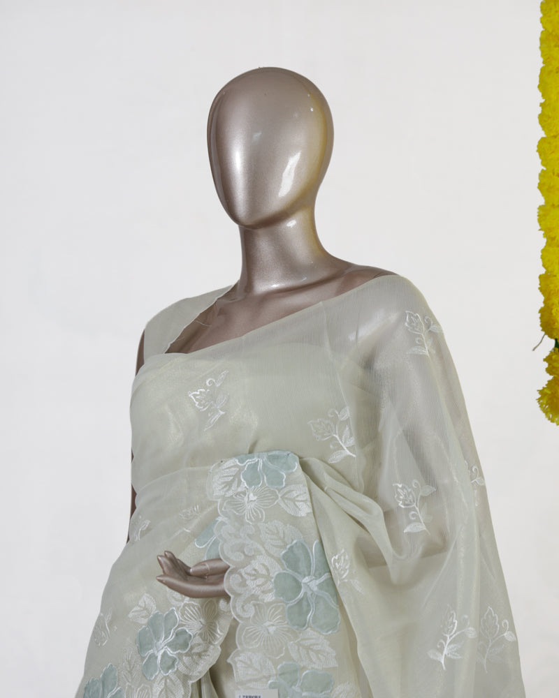 Ivory Pearl Blossom Embroidered Kota Tissue Onam Saree