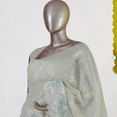 Ivory Pearl Blossom Embroidered Kota Tissue Onam Saree