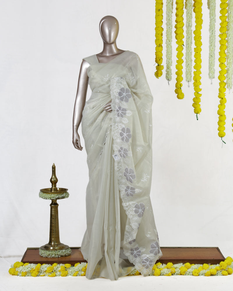 Ivory Silver Blossom Embroidered Kota Tissue Onam Saree