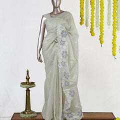 Ivory Silver Blossom Embroidered Kota Tissue Onam Saree