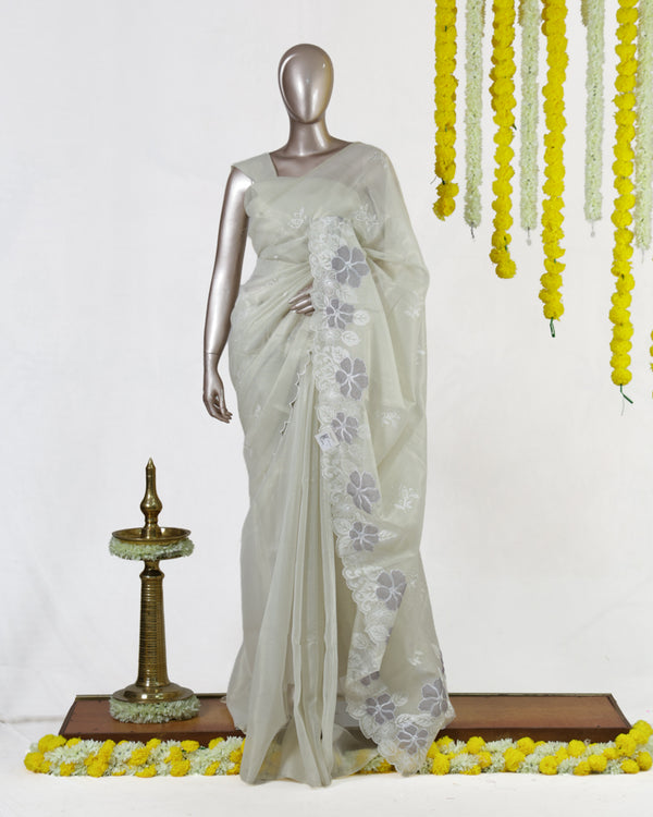 Ivory Silver Blossom Embroidered Kota Tissue Onam Saree