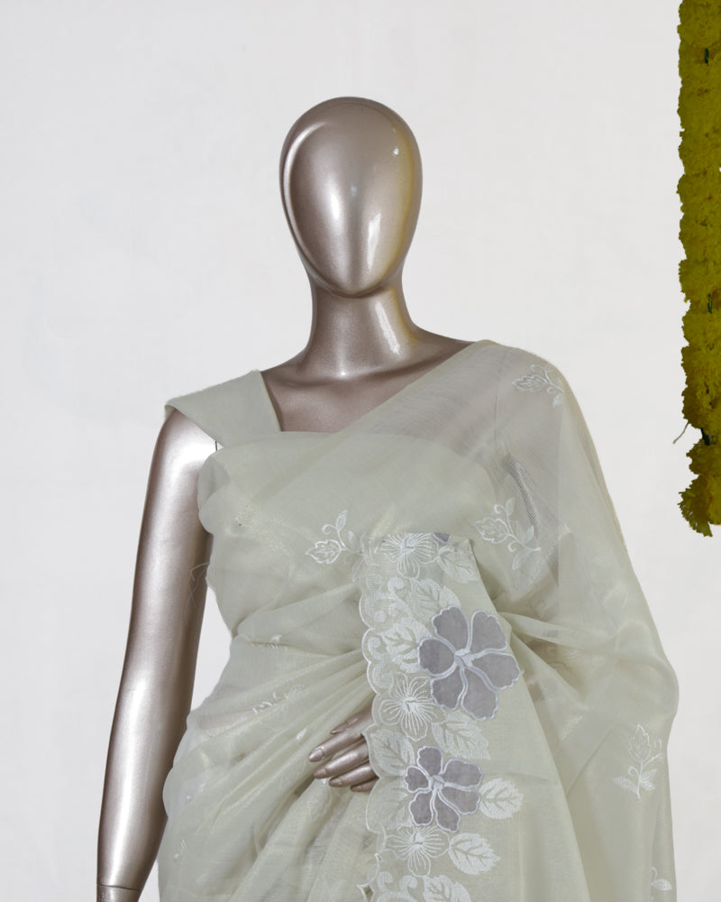 Ivory Silver Blossom Embroidered Kota Tissue Onam Saree