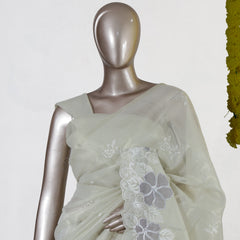 Ivory Silver Blossom Embroidered Kota Tissue Onam Saree