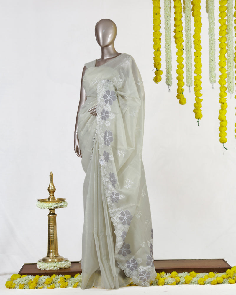 Ivory Silver Blossom Embroidered Kota Tissue Onam Saree