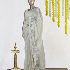 Ivory Silver Blossom Embroidered Kota Tissue Onam Saree