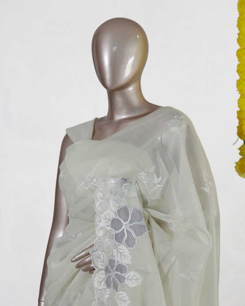 Ivory Silver Blossom Embroidered Kota Tissue Onam Saree