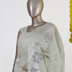 Ivory Silver Blossom Embroidered Kota Tissue Onam Saree