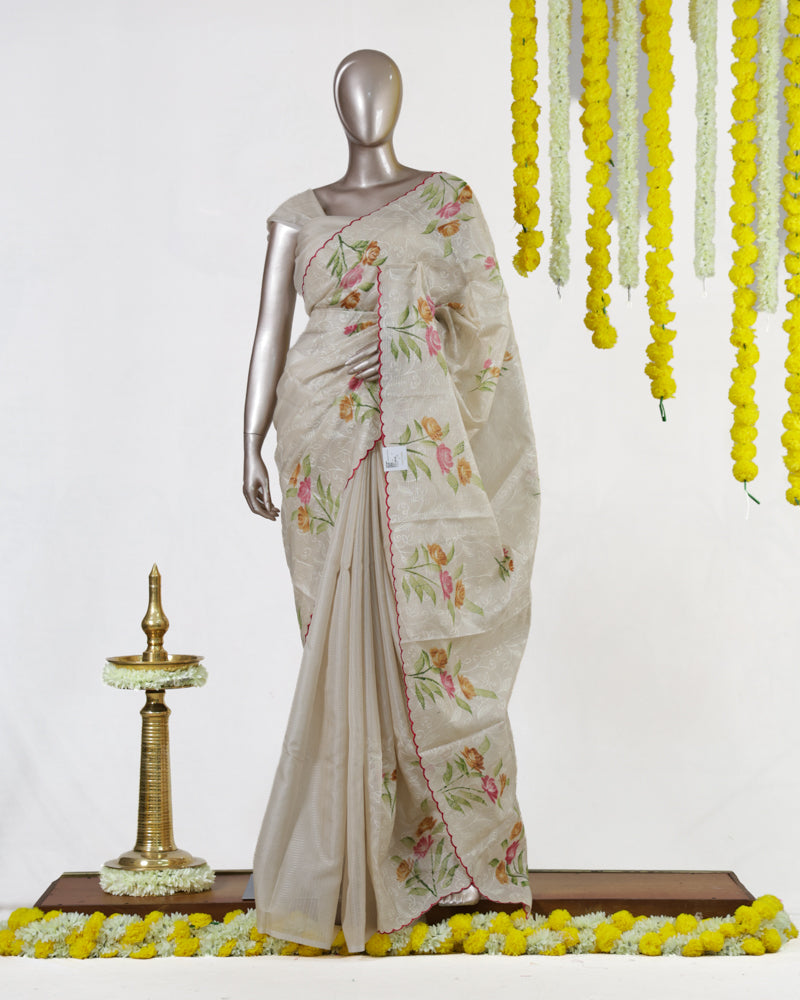 Ivory Blossom Embroidered Tissue Kota Onam Saree | Silks by Santinni