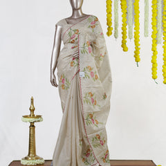 Ivory Blossom Embroidered Tissue Kota Onam Saree | Silks by Santinni
