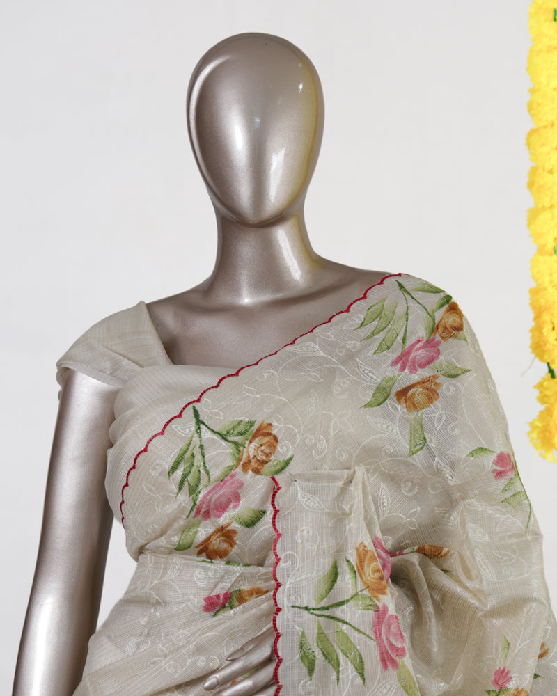 Ivory Blossom Embroidered Tissue Kota Onam Saree