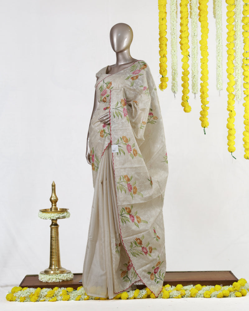 Ivory Blossom Embroidered Tissue Kota Onam Saree
