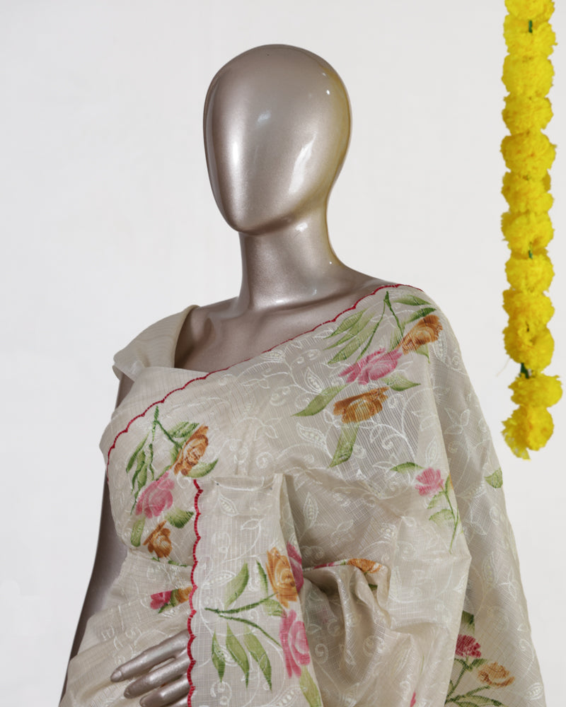 Ivory Blossom Embroidered Tissue Kota Onam Saree