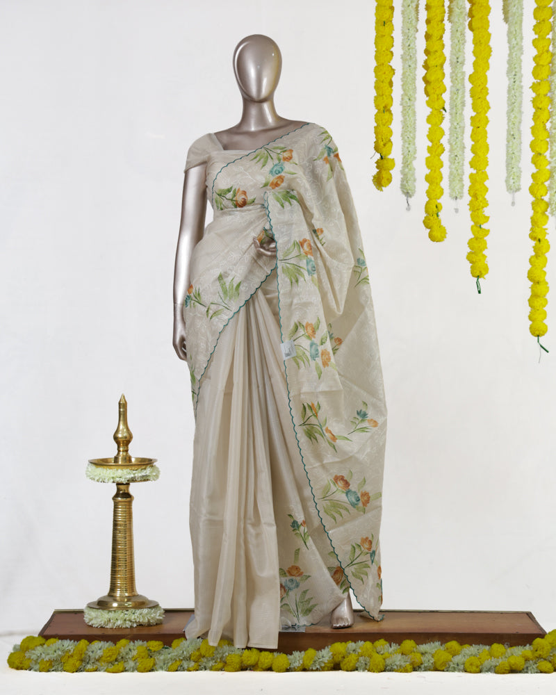 Ivory Meadow Embroidered Tissue Kota Onam Saree | Silks by Santinni
